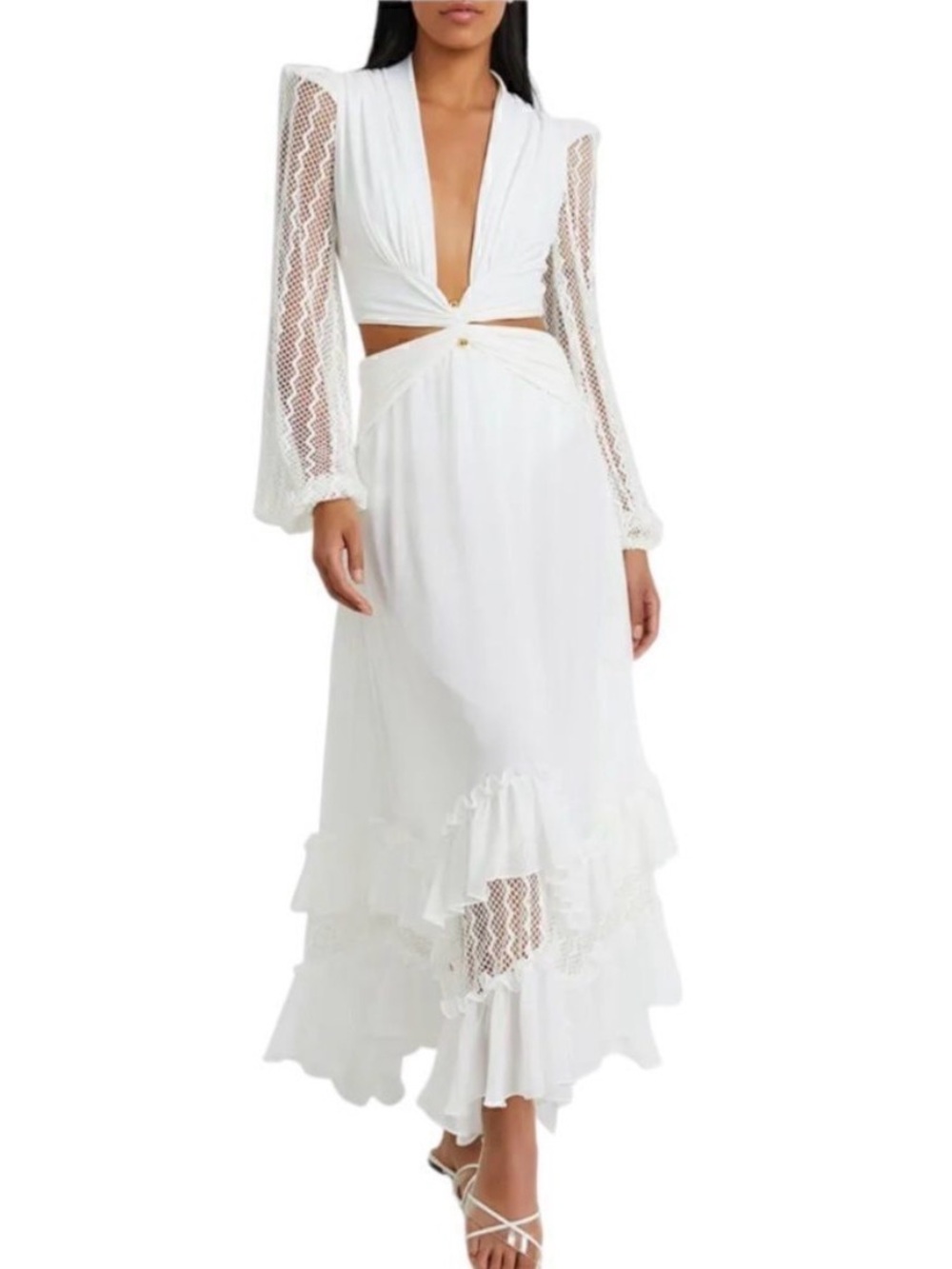 NWOT PatBO Plunge Lace Sleeve Maxi Dress in White
